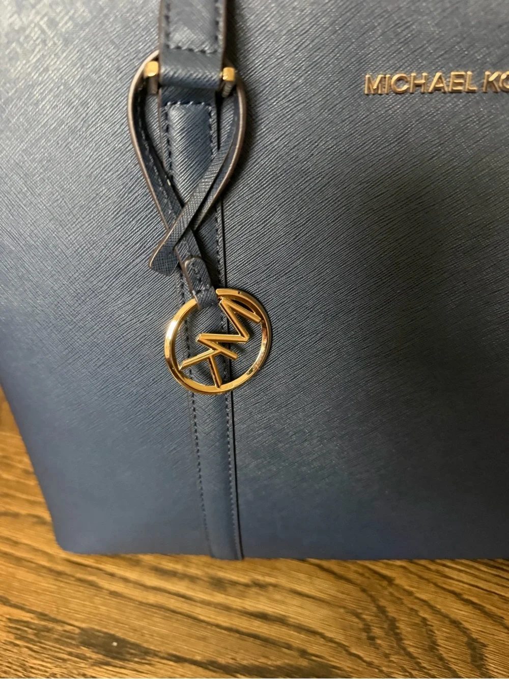 Michael Kors Blue Saffiano Leather Tote with Gold Hardware